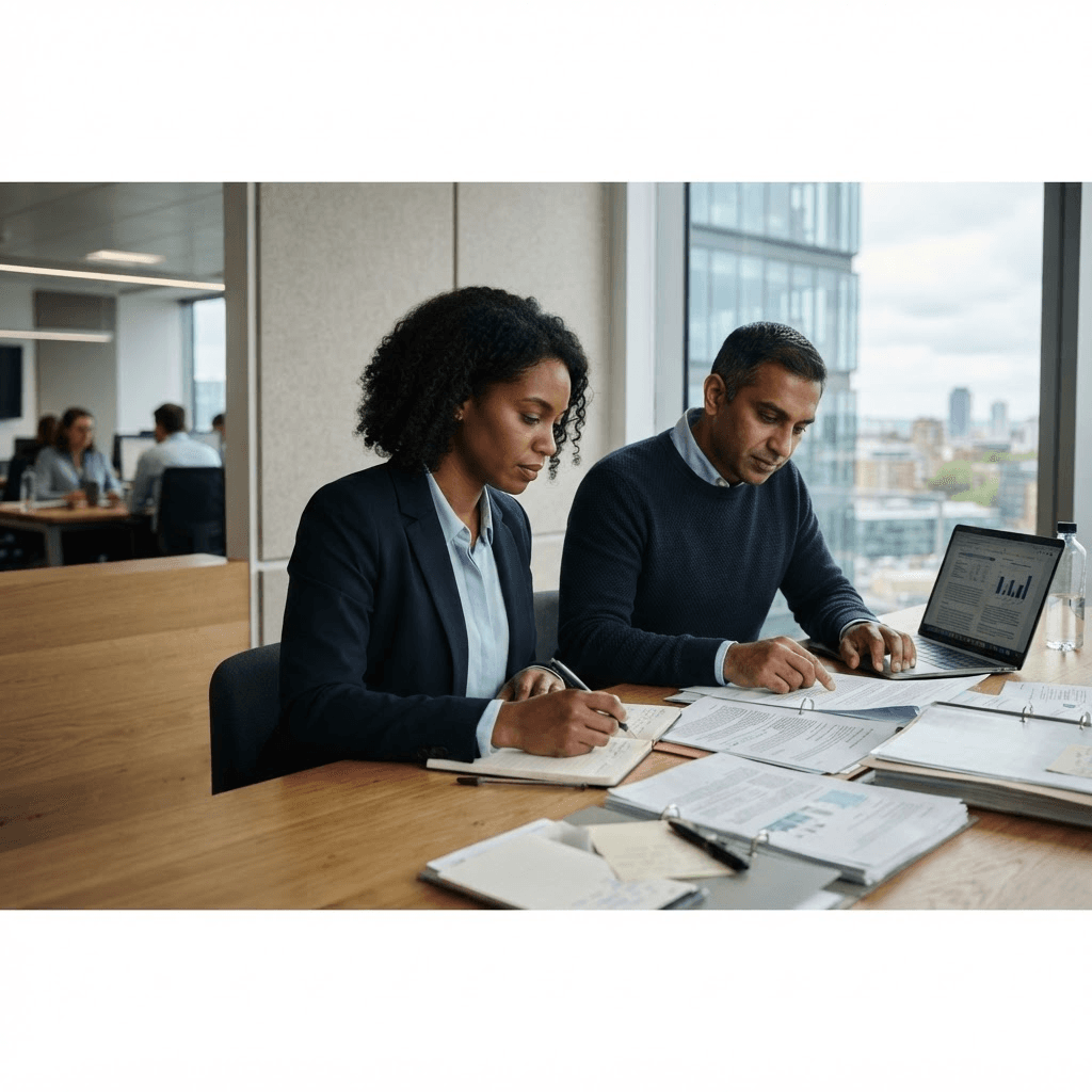 Professionals reviewing public-source market conduct evidence at a table